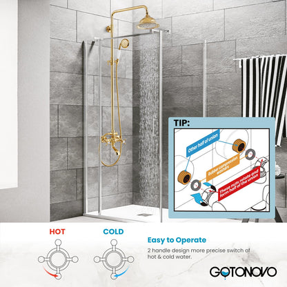 gotonovo Bathroom Exposed Shower Faucet Outdoor Shower System 8 Inch Rainfall Shower Head Set with Tub Spout and Handheld Spray Double Cross Handles Wall Mount without Shower Shelf Polished Gold