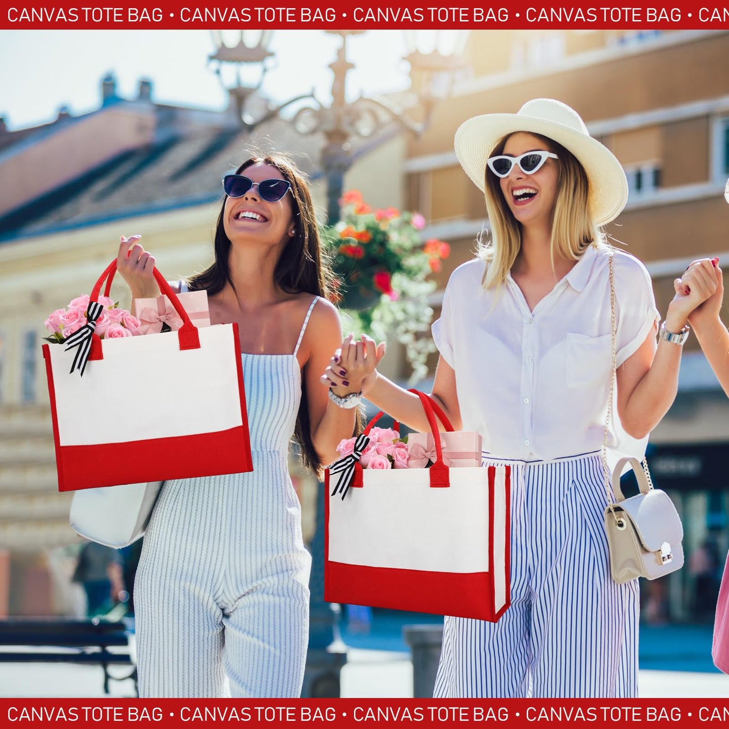 Shinylin 3 Pcs Initial Canvas Tote Bag Reusable Blank Personalized Present Totes for Women, Bridesmaid, Wedding, Travel Gift(Red)