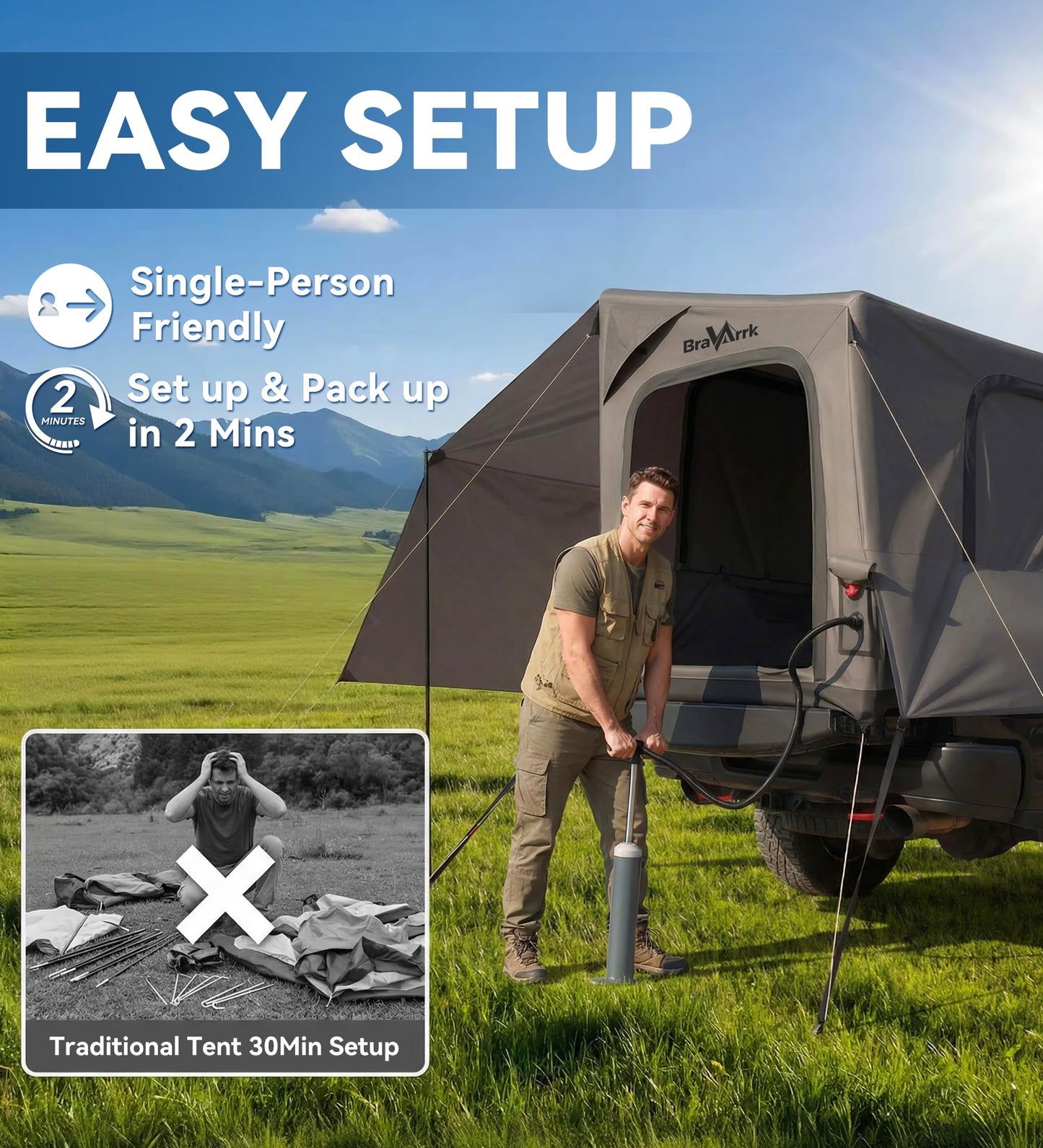 BravArrk Inflatable Truck Bed Tent with Detachable Zippered Awning, Pickup Truck Tent for 5.5ft-8ft Bed, 2 Mins Fast Setup Blow Up Tent for Truck, PU3000 Waterproof Truck Tent for Camping