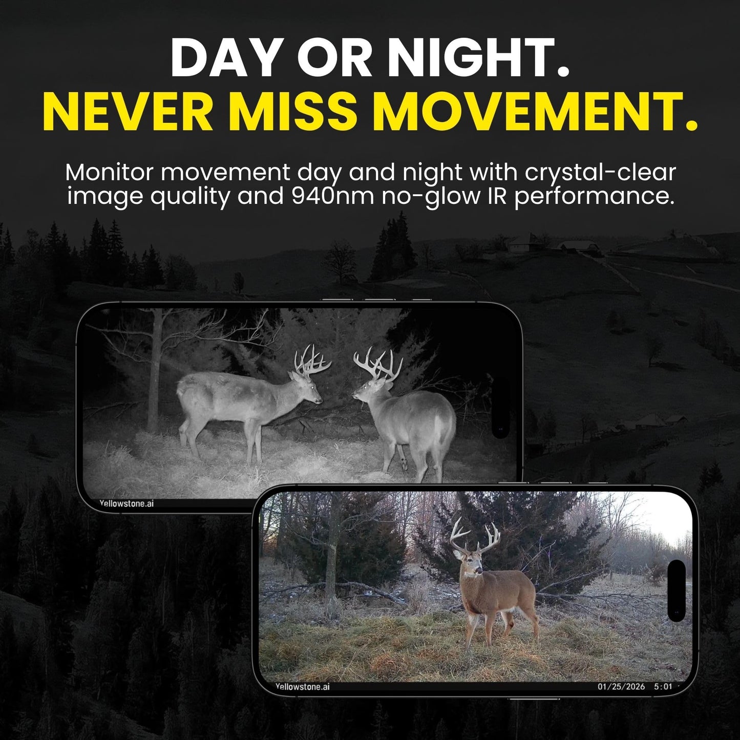 Yellowstone.ai Y2 4G LTE Cellular Trail Camera with Phone App - Solar Panel & 2 Battery Packs - No Glow Night Vision, HD 1080p, IP66 Waterproof - Hunting Deer Game Camera