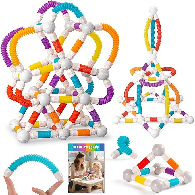 Magnetic Building Blocks Construction Set 66 Pieces Educational STEM Toy with Flexible Tubes and Connectors (66PCS)