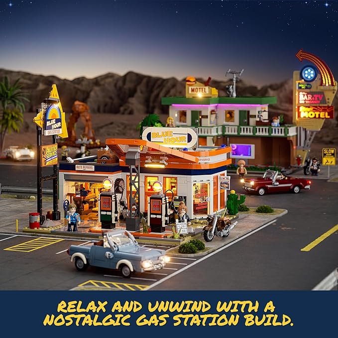 FUNWHOLE City Gas-Station Lighting-Building-Bricks Set - Road Trip Modular Car Service Station Collection LED Light Building Set 1608 Pcs for Adults Teen and Travelling Enthusiasts