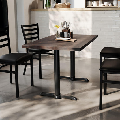 Flash Furniture Bennett 30" x 48" Solid Wood Commercial Indoor Tabletop in Dark Brown with Dual 5" x 22" Dining Height Black Cast Iron T Bases, 400 lb. Static Capacity