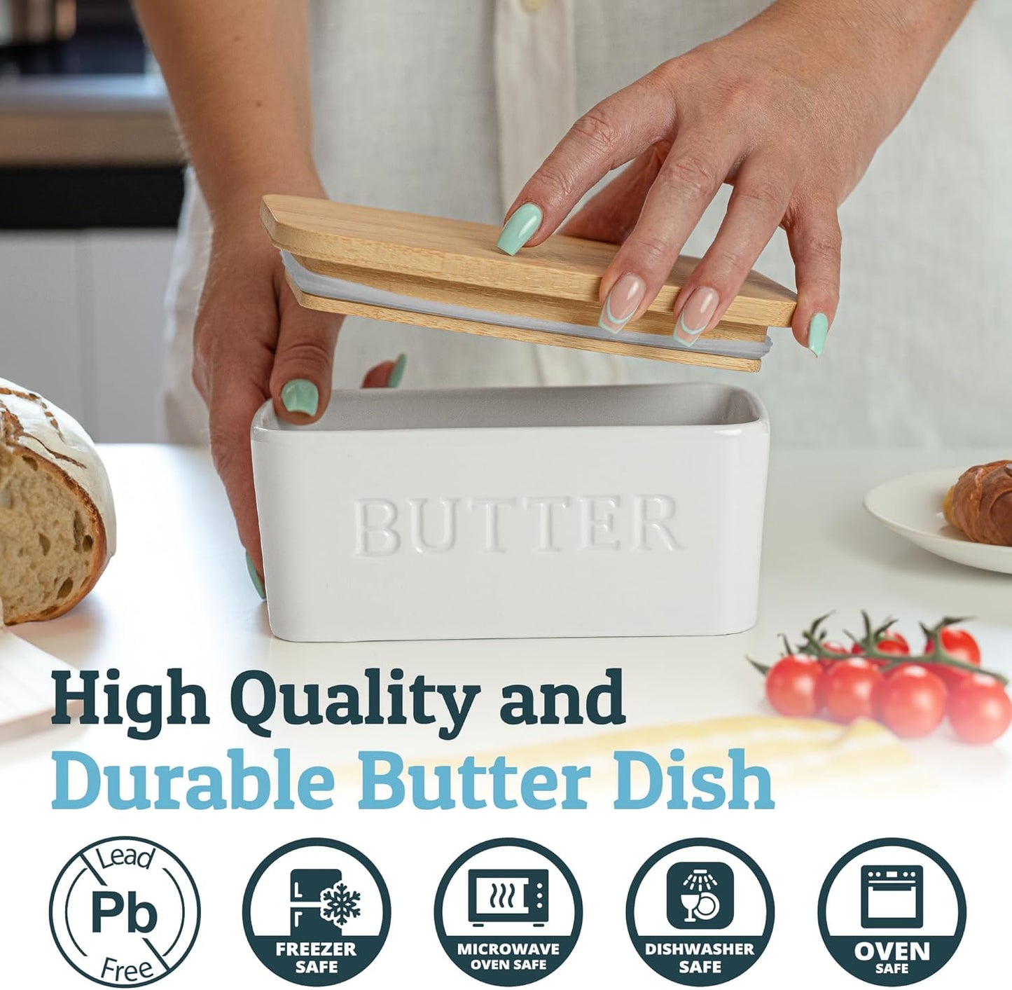 PriorityChef Extra Large Butter Dish - Ceramic Airtight Butter Keeper with Lid | White Countertop Storage