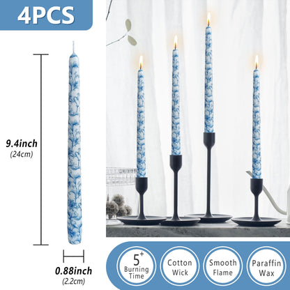 Floral Taper Candles 10inch Long Dripless Chinoiserie Candlesticks Blue and White Handmade Unscented Candle Sticks for Emergency Wedding Home Décor Festive Seasons Holiday 4pcs