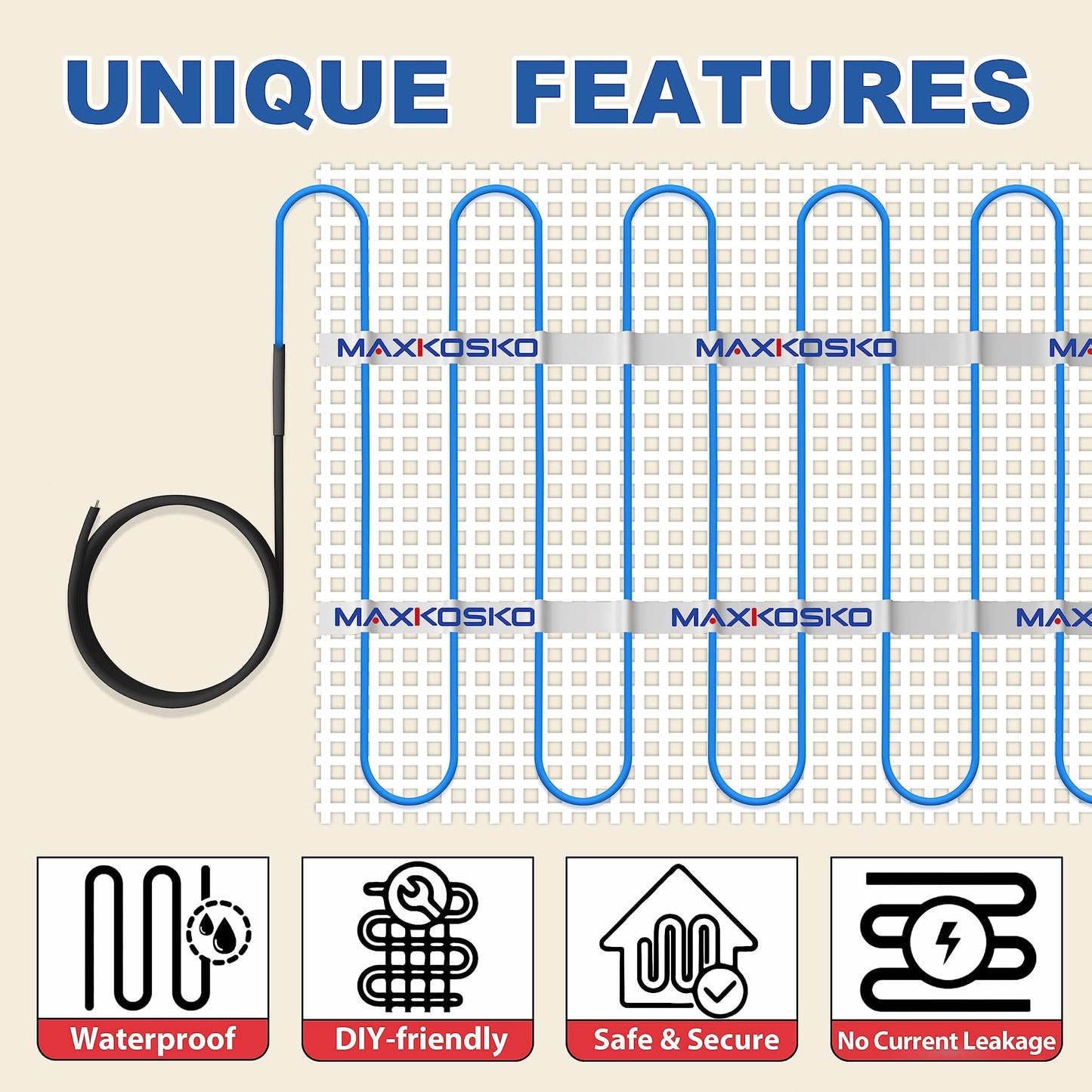 MAXKOSKO 70 sq.ft. Electric Floor Heat Mat Kit, 120 V Underfloor Radiant Heating System for Tile, Stone and Laminate Indoor Use with Alarm Cable Monitor