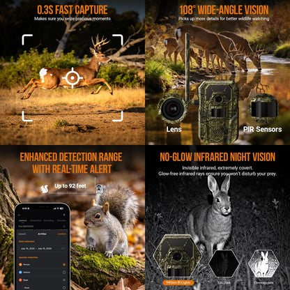 MagicEagle® Cellular Trail Camera 4G Wild Game Cameras 13,000 mAh Battery Solar Panel 2K Audible Video No-Glow IR Night Vision IP66 Waterproof for Wildlife Deer Monitoring Home Security (Green)