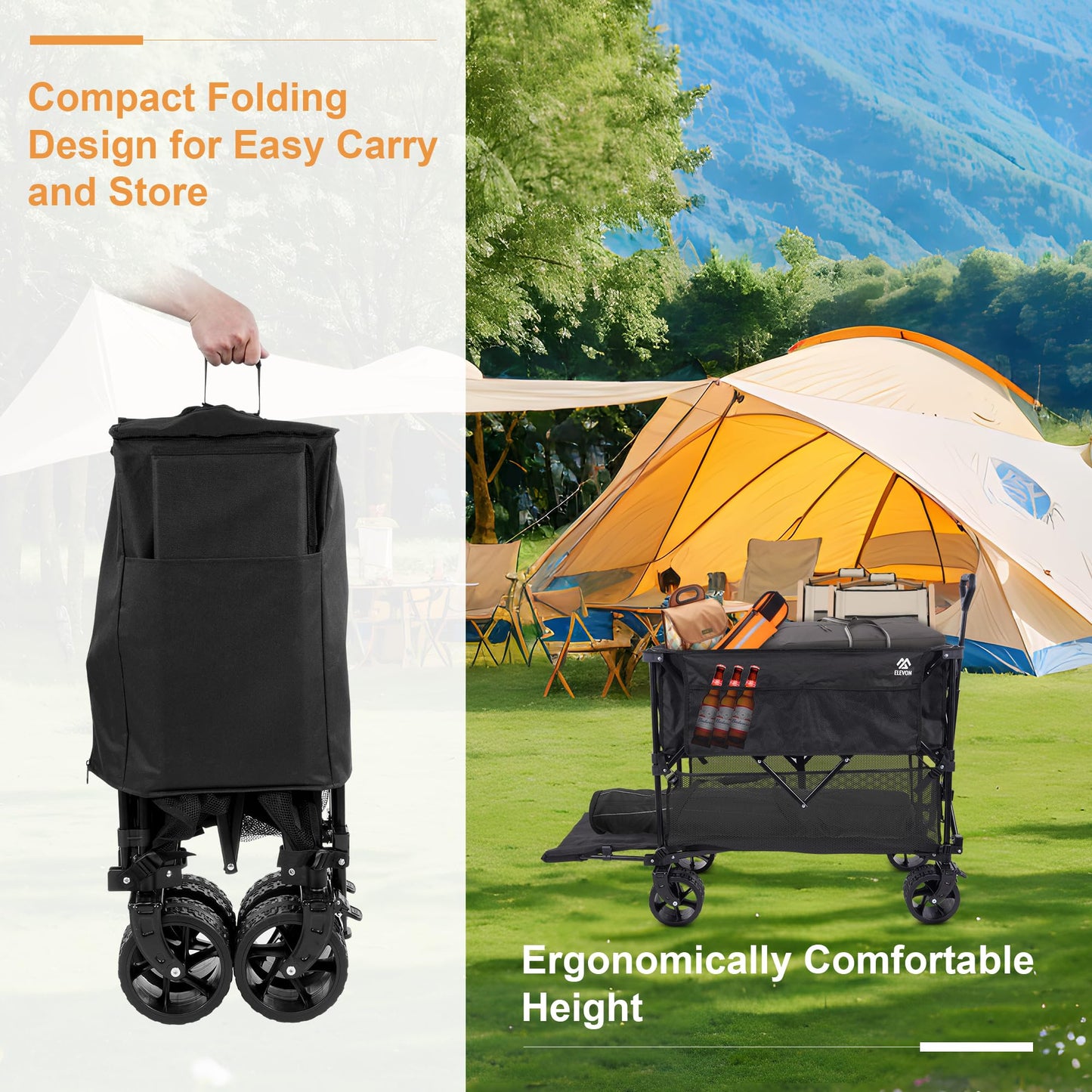 Elevon Collapsible Foldable Wagon, Grocery Beach Cart Large Capacity 450LBS, All Terrain Heavy Duty Cart with Wheels & Drink Holders, Collapsible Wagon Portable for Outdoor Beach Gardening Shopping