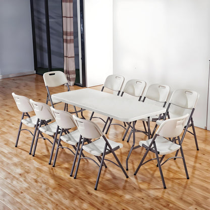 JingPieCle 8ft Folding Table 96 inch, Heavy Duty 8 Foot Portable Plastic Foldable Table with Handle and Fold-in-Half Design, Blow Molded Tabletop for Outdoor, Indoor, Party, Dining and Banquet, White