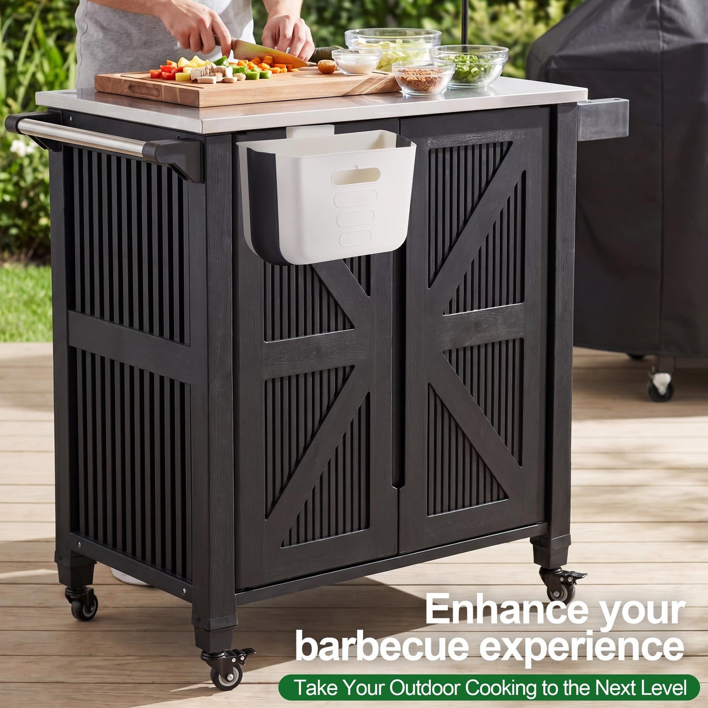 Nice C Grill Cart with Wheel, Outdoor Kitchen Island, Outdoor Grill Station Bar Cart with Stainless Steel Tabletop, Dining Cart Table Storage Cabinet, Grill Table for BBQ Food Prep