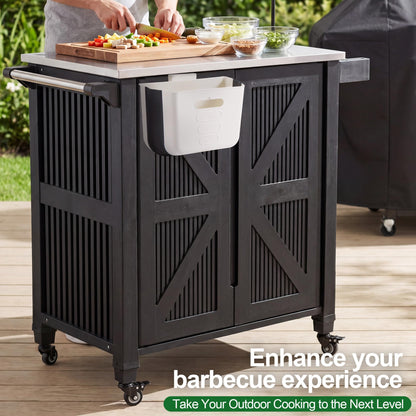 Nice C Grill Cart with Wheel, Outdoor Kitchen Island, Outdoor Grill Station Bar Cart with Stainless Steel Tabletop, Dining Cart Table Storage Cabinet, Grill Table for BBQ Food Prep