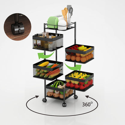 xinyourui Fruit and Vegetable Basket for Kitchen No Assembly， Rotating Storage Rack,Bathroom Storage Shelf, Kitchen Organizers and Storage Cart on Rolling Wheels(Black, 5 Tier-Square)