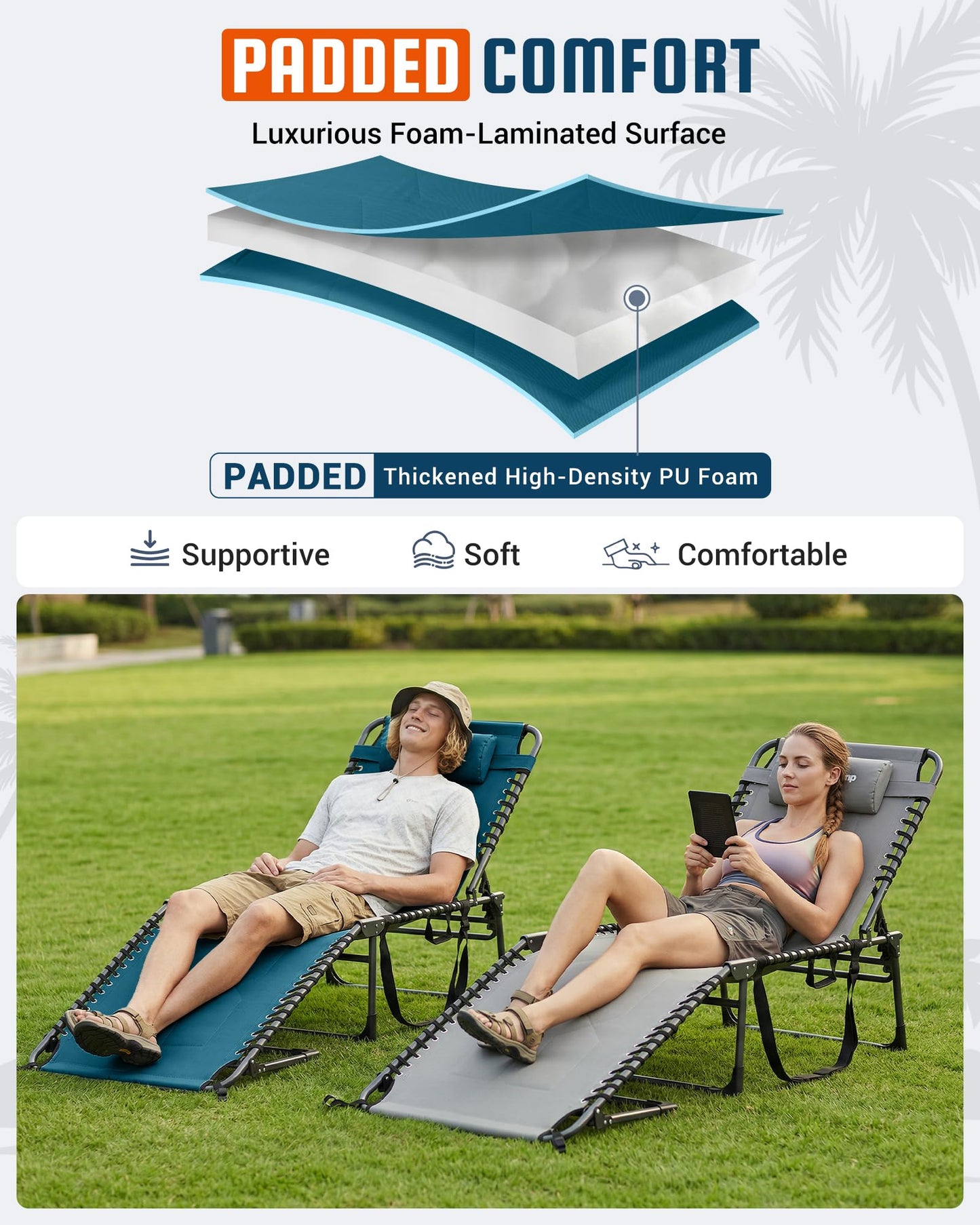 KingCamp Oversized Tanning Chair, Extra-Wide Padded Folding Chase Lounge Chairs Portable Adjustable 5-Position 440lbs Heavy Duty Lounger with Double-Layer Oxford for Outdoor Beach Patio Sun Pool Blue