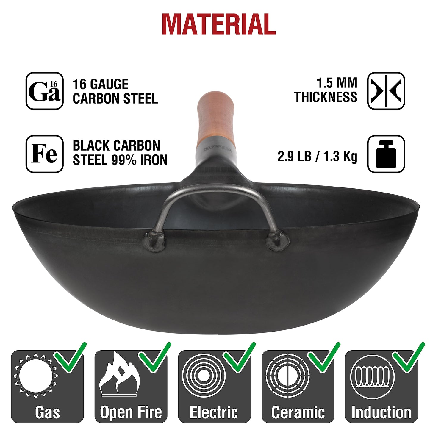 YOSUKATA Carbon Steel 11.8" Stir Fry Wok Pan - Pre-Seasoned Chinese Wok with Flat Bottom + 17" Wok Spatula and Ladle Skimmer Spoon + Reusable Natural Wooden Long Cooking Chopsticks Set of 3 pairs