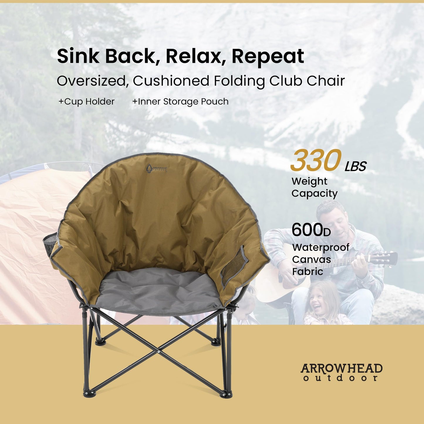 ARROWHEAD OUTDOOR 2-Pack Oversized Heavy-Duty Club Folding Camping Chair w/Pocket, Cup Holder, Portable, Padded, Moon, Round, Saucer, Supports 330lbs