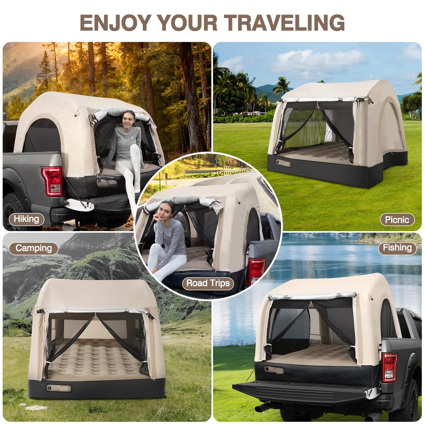 OPL5 Inflatable Truck Bed Tent & Air Mattress, Truck Air Mattress for 5.5-6.5FT, 12'' Height 2-3 Person Fast Setup Ground & Pickup Tent Mattress with Rechargeable Pump for Camping Travel, 600lbs Max