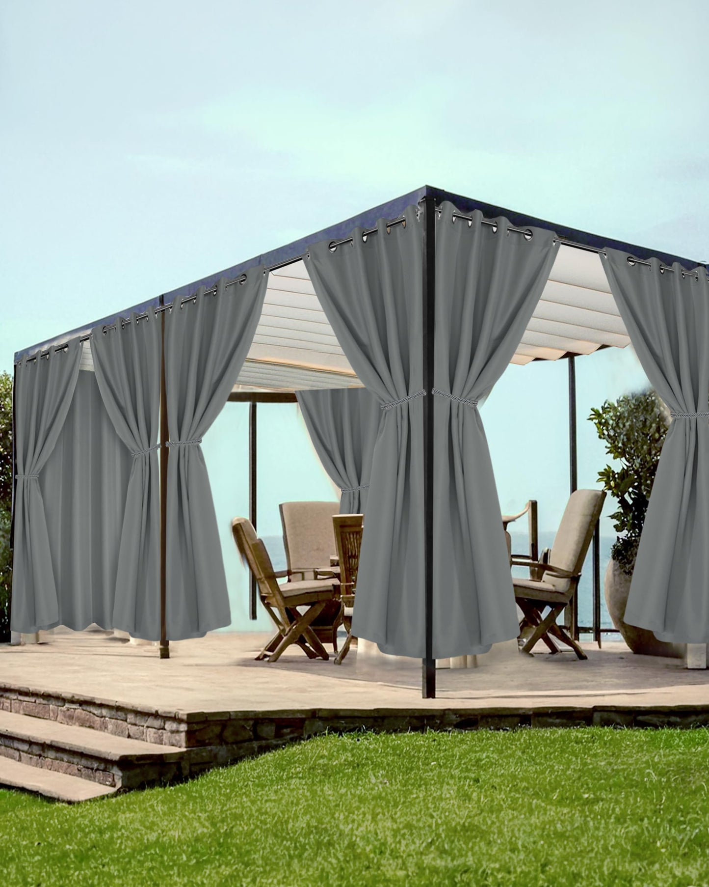 HolidayIdeas Grommet Top Outdoor Curtains for Patio Waterproof 8 Pcs All Weather Balcony Outside Curtain Panels for Apartments, Gazebo, Pergolas, Porch, 54x120 Inch, Grey