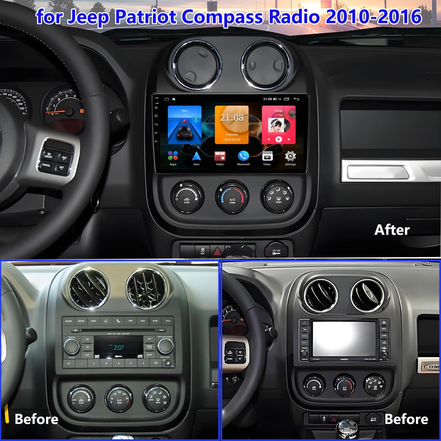 Car Radio for Jeep Patriot Compass 2010-2016: 4GB+64GB Android 14 Head Unit with Wireless CarPlay Android Auto - 10.2 inch Touchscreen Stereo GPS Navigation Bluetooth WiFi