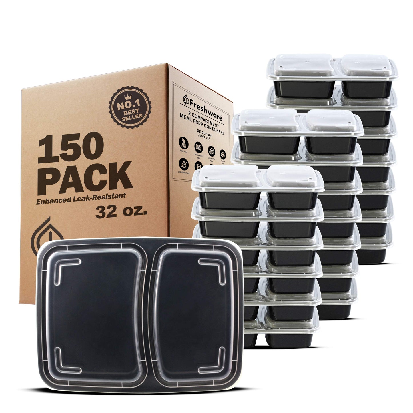 Freshware Meal Prep Containers 3 Compartment with Lids, Food Containers, Lunch Box, Stackable, Bento Box, Microwave/Dishwasher Safe & Meal Prep Containers 2 Compartment, Black