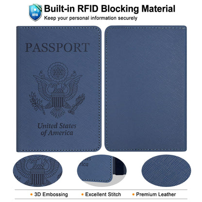 RSAquar Passport Holder for Women and Men, Premium PU Leather Travel Passport Wallet RFID Blocking Passport Cover Travel Documents Organizer (JD-Blue)
