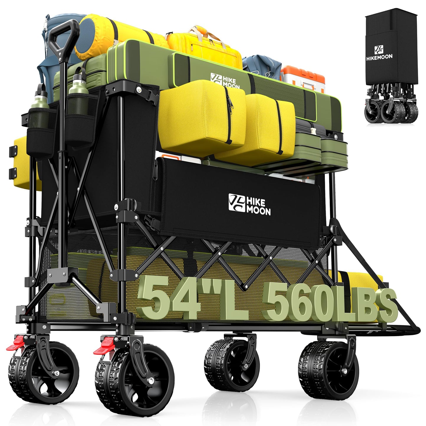 Hikemoon 400L Double Decker Wagon with Tailgate 54'' Extra Long, 560LBS Heavy Duty Wagons Carts Foldable, Big All-Terrain Wheels with Brakes, Utility Folding Cart for Beach, Camping, Sports, Black