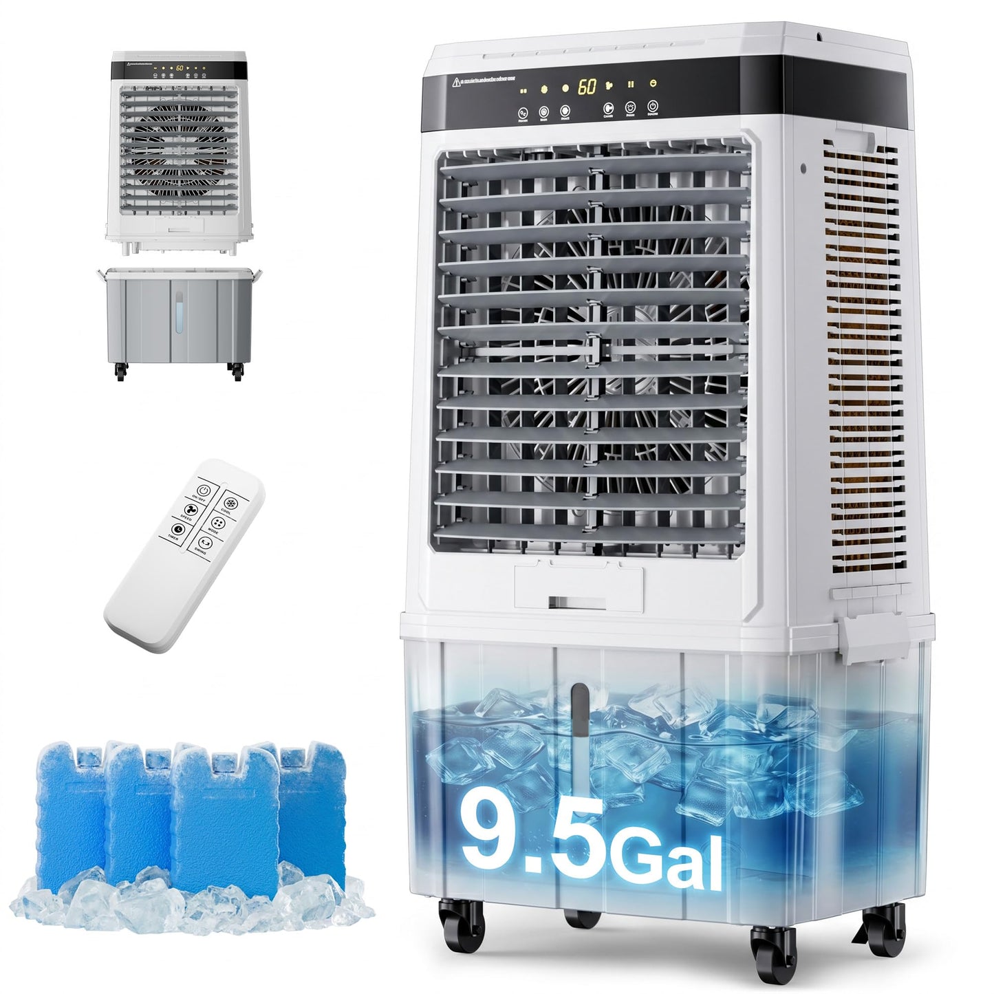 Uthfy 2800 CFM Portable Swamp Cooler, Evaporative Air Cooler for Room with 9.5 Gal Detachable Water Tank, 120 Oscillating Outdoor Cooling Fan, Remote, 12H Timer, 4 Ice Packs for Indoor, Garage, Patio