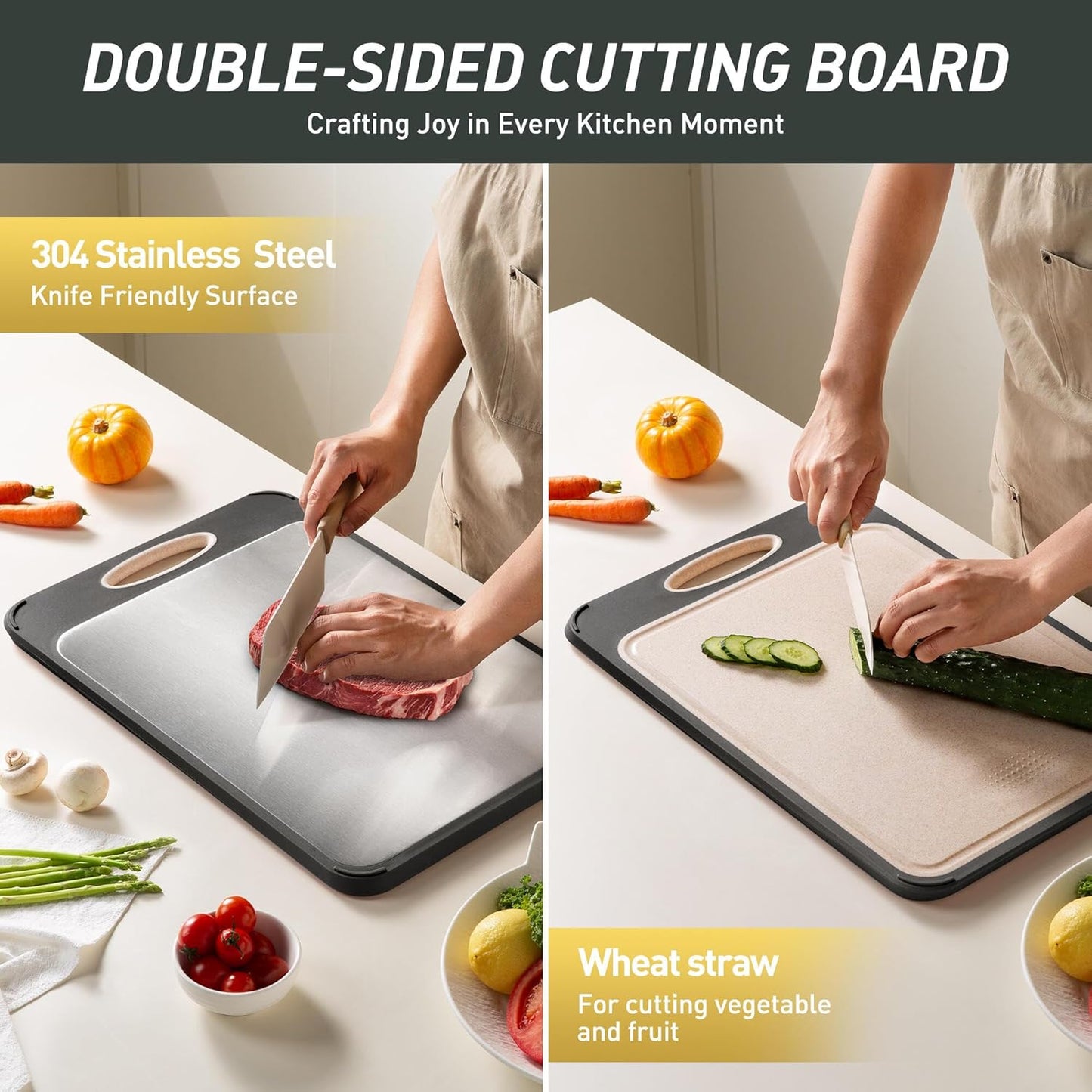 Stainless Steel Cutting Board - Non-Toxic Double-Sided Chopping Board for Meat & Vegetables | Large 16” x 11” Size