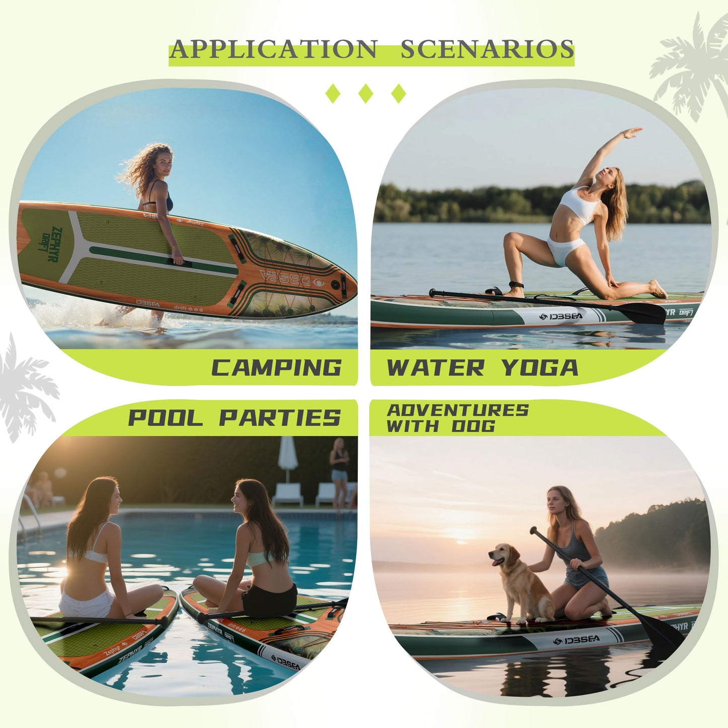 D3SEA 11'35" Extra Wide Inflatable Paddle Board with Non-Slip EVA Deck & Accessories Kit, Stable All Around SUP for All Skill Levels – for Yoga, Fishing, Youth & Adults, 370 lbs - Jungle Timber