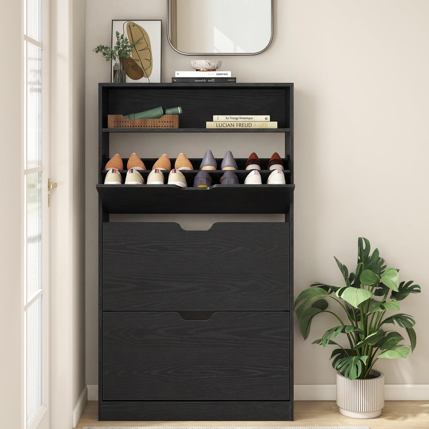 VASAGLE Custos Collection - Shoe Cabinet, Shoe Organizer, Open Compartment, Adjustable and Removable Dividers, 3 Flip Drawers, 9.4 x 31.5 x 54.5 Inches, for 21-24 Pairs, Ebony Black ULBC043BC01