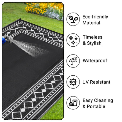GlowSol 10x14 Outdoor Rug Waterproof Reversible Camping Mat, Plastic Straw Rug for RV Deck Backyard Porch Balcony Lawn & Beach, Easy Cleaning Outdoor Patio Rugs for Outside Decor, Black/White