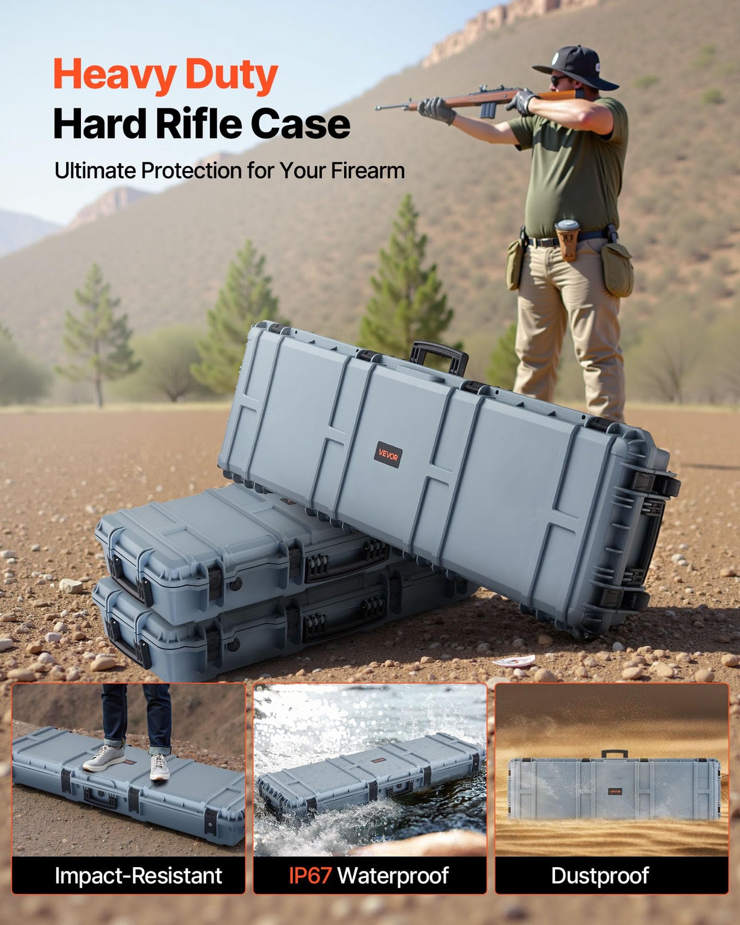 VEVOR Rifle Case, Hard Rifle Case with 4 Layers Fully-protective Foams, 52 inch Lockable Long Storage Case with Wheels, IP67 Waterproof & Dustproof, Grey