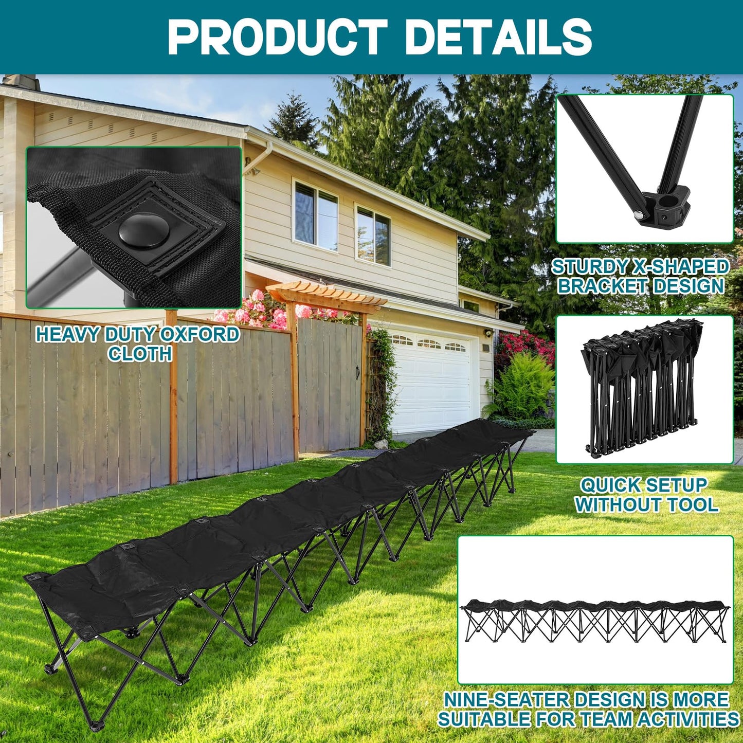 GlikCeil 9 Seats Black Folding Soccer Team Bench Seat Portable Sports Team Bench Unfolded Sideline Chair Playing Field Bleachers for Football Outdoor Sports Events with Storage Bag, No Assembly