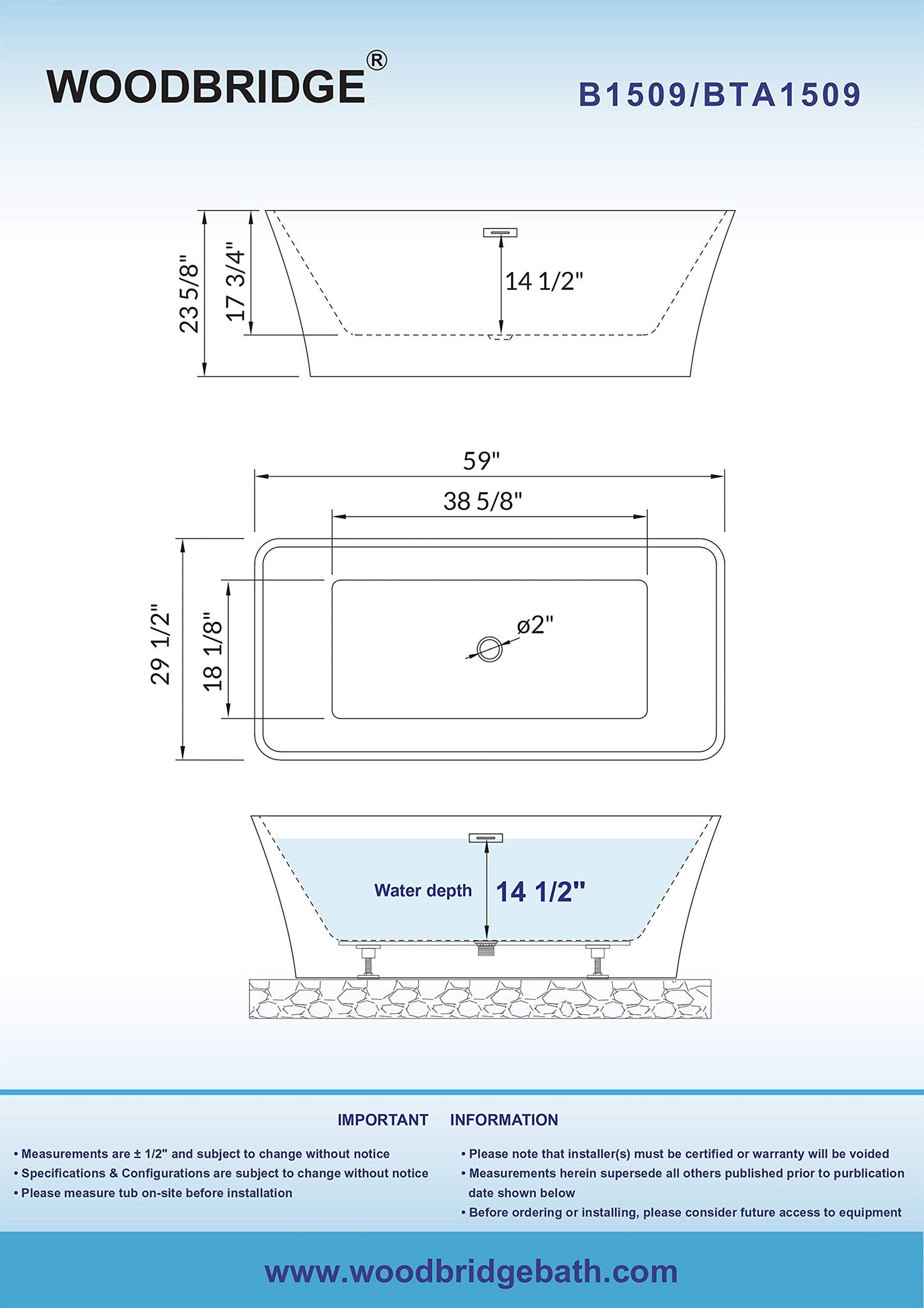 WOODBRIDGE 59" Freestanding White Acylic Soaking Bathtub with Matte Black Drain and Overflow,BTS1509-MB-Drain&O