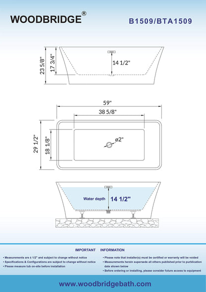 WOODBRIDGE 59" Freestanding White Acylic Soaking Bathtub with Matte Black Drain and Overflow,BTS1509-MB-Drain&O