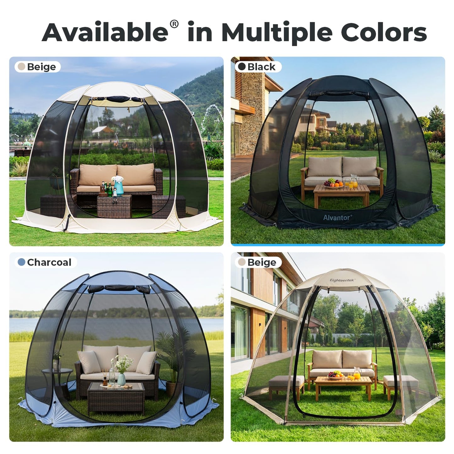 Alvantor® Pop Up Screen House Tent 10x10 FT, Snap-fit Black Mesh Screen Gazebo with Peaked Roof, Portable Screen Room Canopy Shelter with Sandbags for Camping, Backyard, Picnic