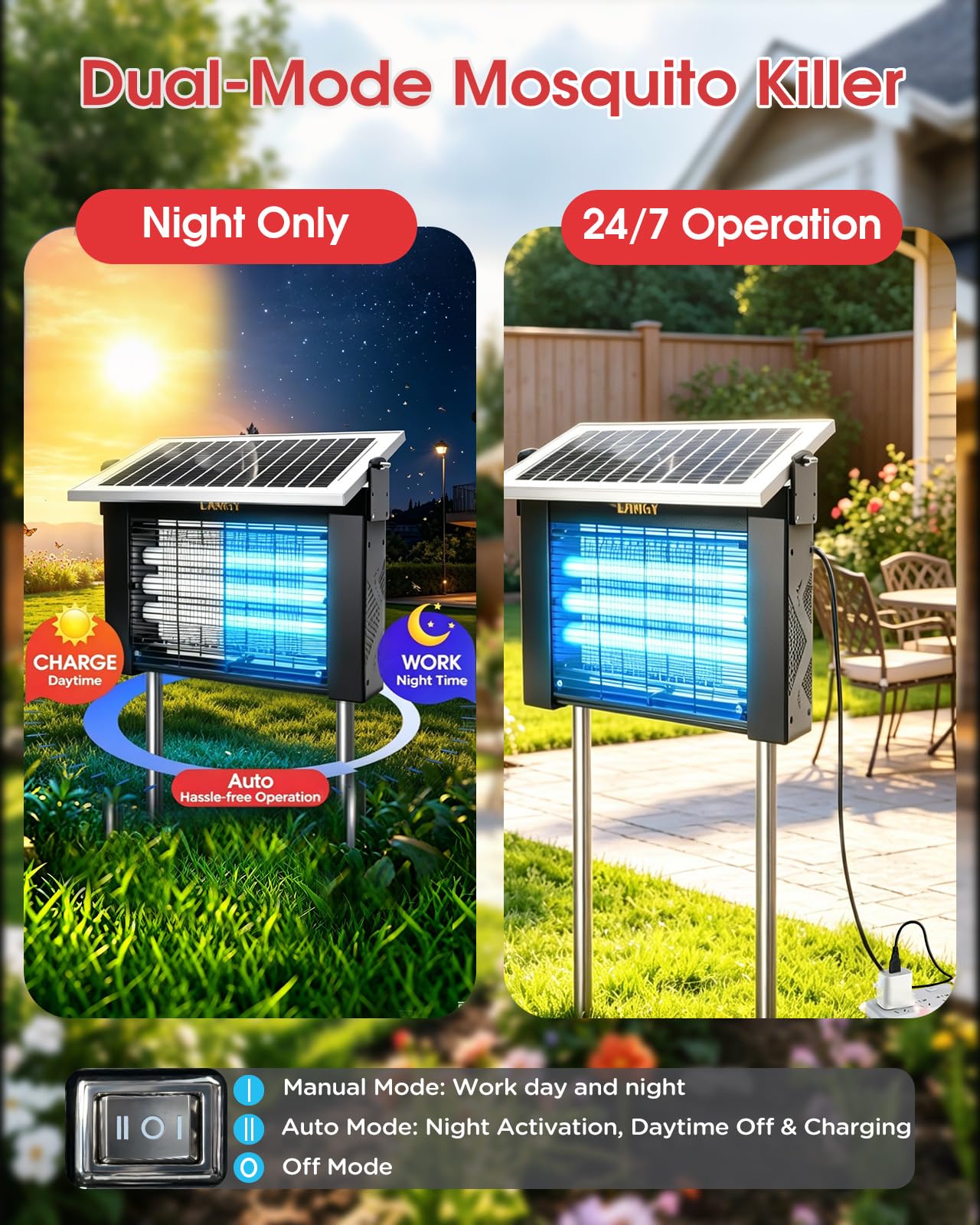 LANGY 10W Solar Bug Zapper Outdoor Waterproof, Upgrade 3-Tube 365nm Mosquito Zapper Solar Powered, Rechargeable 4500V Electric Cordless Fly Zapper Mosquitos Trap Auto On/Off for Yard Patio Camping
