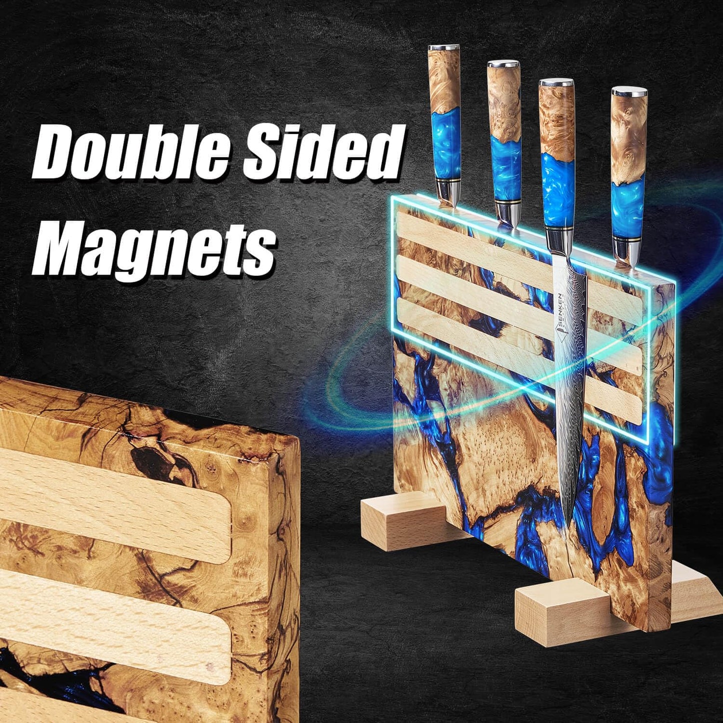 SENKEN "Dark Tsunami" Extra Large Magnetic Knife Block - Holds Up to 16 Knives - Knife Block without Knives, Beautiful Dark Blue Resin Burl Wood Blend Knife Holder ("Dark Tsunami " Blue Resin Blend)
