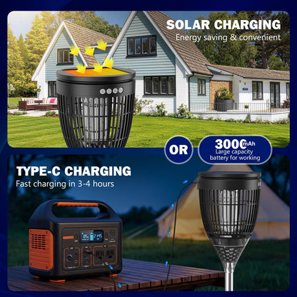 All in 1 Solar Bug Zapper Outdoor, Flame & Projection Mode, Auto/Manual Modes, 4200V Electric Mosquito Killer with High Powered, IPX5 Waterproof Rechargeable Fly Insect Trap for Patio Garden Yard RV