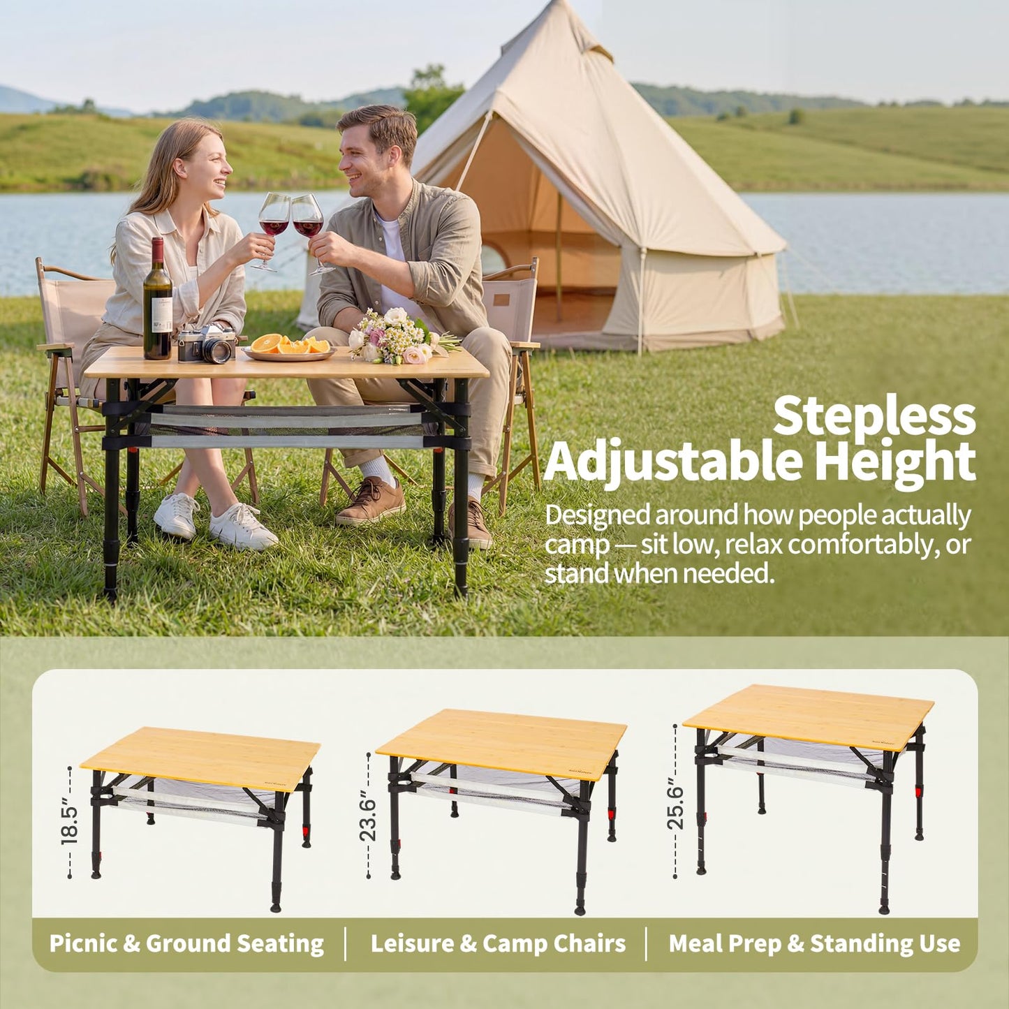 Join Nature 31.5'' Bamboo Folding Camping Table, Adjustable Height Folding Outdoor Table with Aluminum Frame & Mesh Storage, Portable Camp Table with Carry Bag for Camping, RV, Tailgating & Backyard