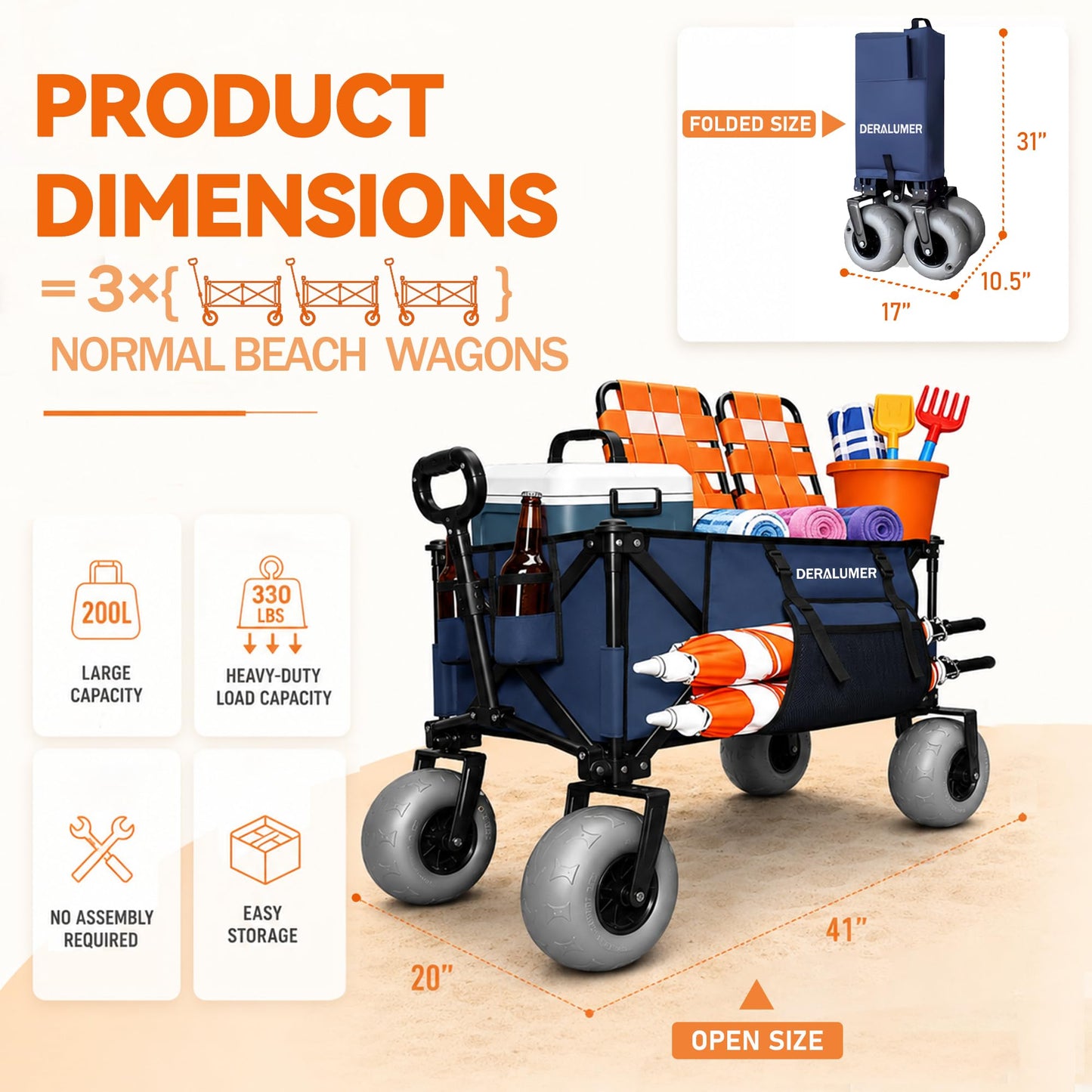 Deralumer X800 Heavy Duty Beach Wagon with 9"x4" Balloon Wheels – 200L Foldable Wagon Cart, 41" Collapsible Utility Wagon with Side Bag for Beach Essentials, Sports, Camping & Outdoor