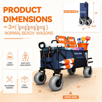 Deralumer X800 Heavy Duty Beach Wagon with 9"x4" Balloon Wheels – 200L Foldable Wagon Cart, 41" Collapsible Utility Wagon with Side Bag for Beach Essentials, Sports, Camping & Outdoor