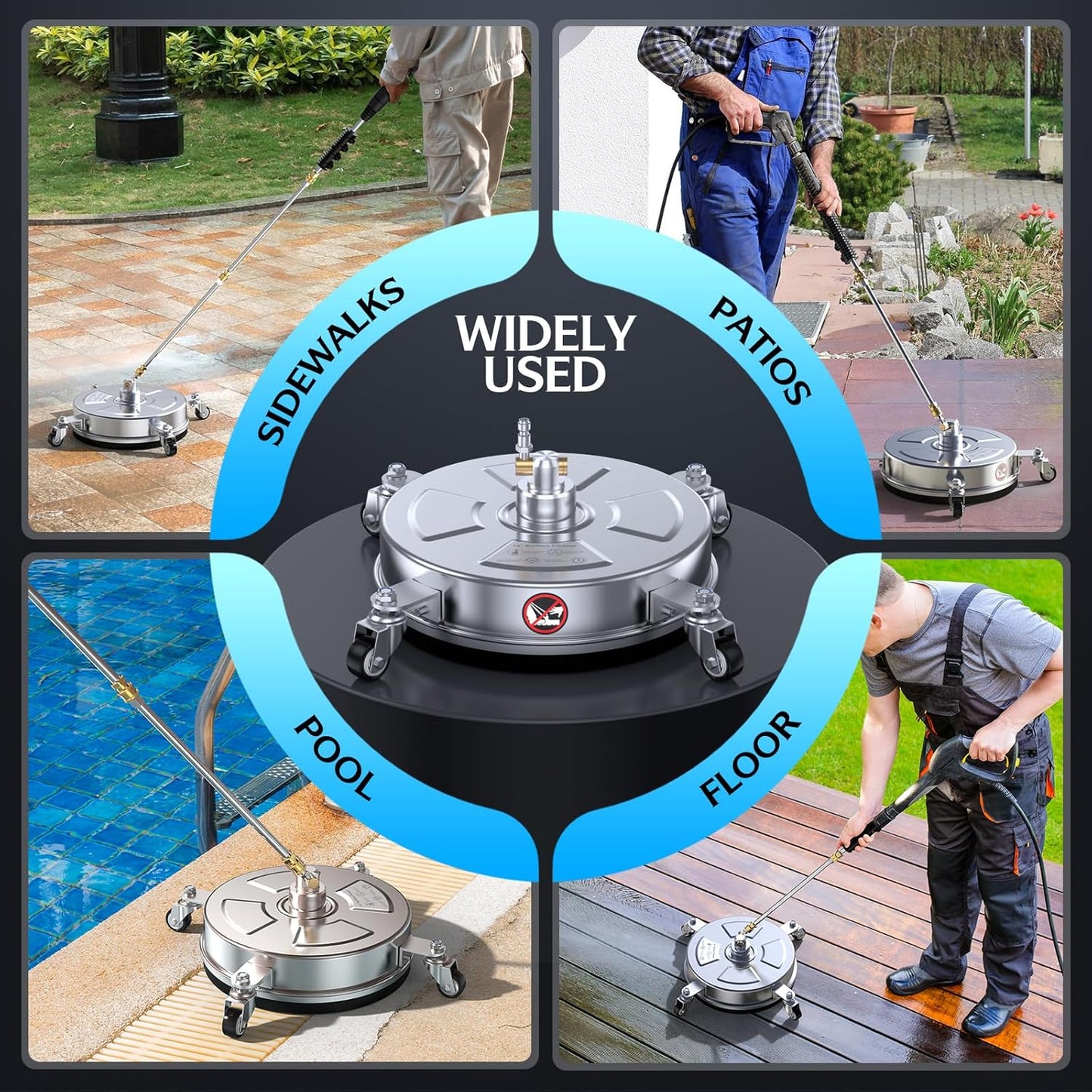 14" Pressure Washer Surface Cleaner - 4500 PSI, Durable 304 Stainless Steel, 4 Universal Wheels & 2 Extended Wands