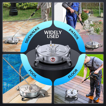 14" Pressure Washer Surface Cleaner - 4500 PSI, Durable 304 Stainless Steel, 4 Universal Wheels & 2 Extended Wands