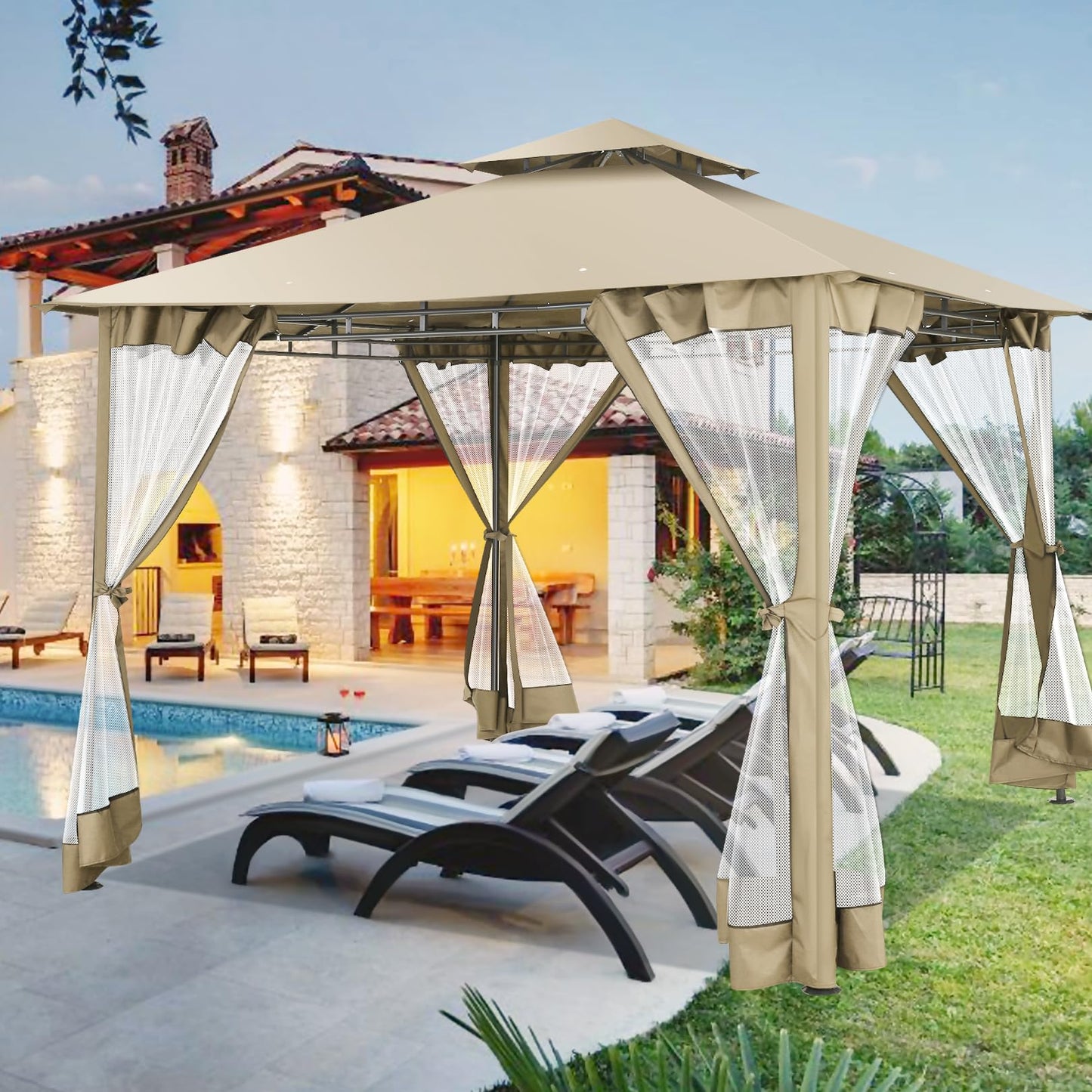 HOTEEL 10’x10’ Gazebo on Clearance, Waterproof Outdoor Gazebo with Mosquito Netting, Double Roof and Heavy Duty Durable Frame, All Weather Easy Assembly for Patio, Backyard, Garden, Windproof