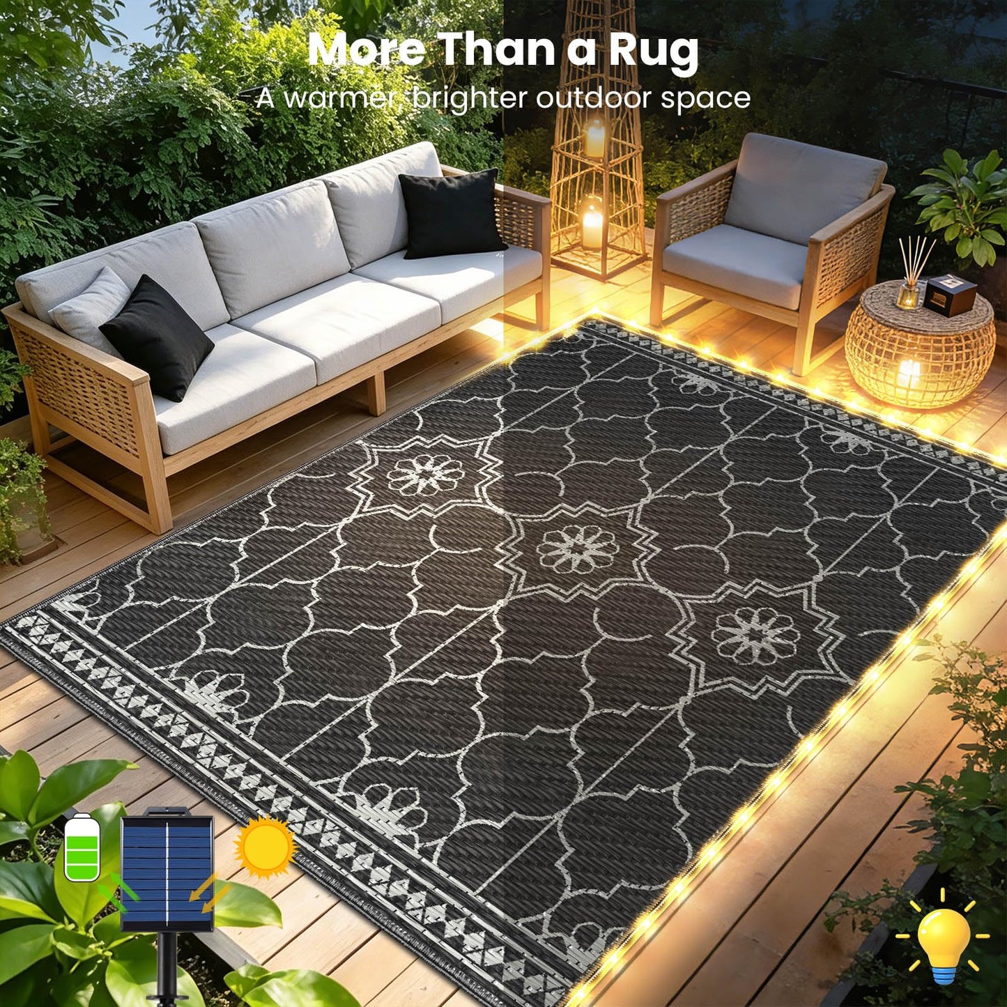 9x12Ft Outdoor Rug, Solar Powered Outdoor Rug with 131LEDs Strip Lights for House Deck, Waterproof Plastic Reversible Outdoor Straw Rugs, Rugs Mat RV Camping Patio Beach Balcony Picnic (Black Gray)