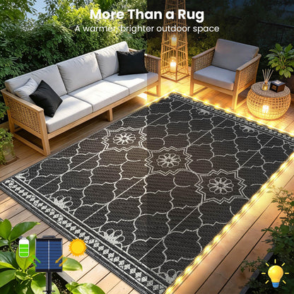 9x12Ft Outdoor Rug, Solar Powered Outdoor Rug with 131LEDs Strip Lights for House Deck, Waterproof Plastic Reversible Outdoor Straw Rugs, Rugs Mat RV Camping Patio Beach Balcony Picnic (Black Gray)