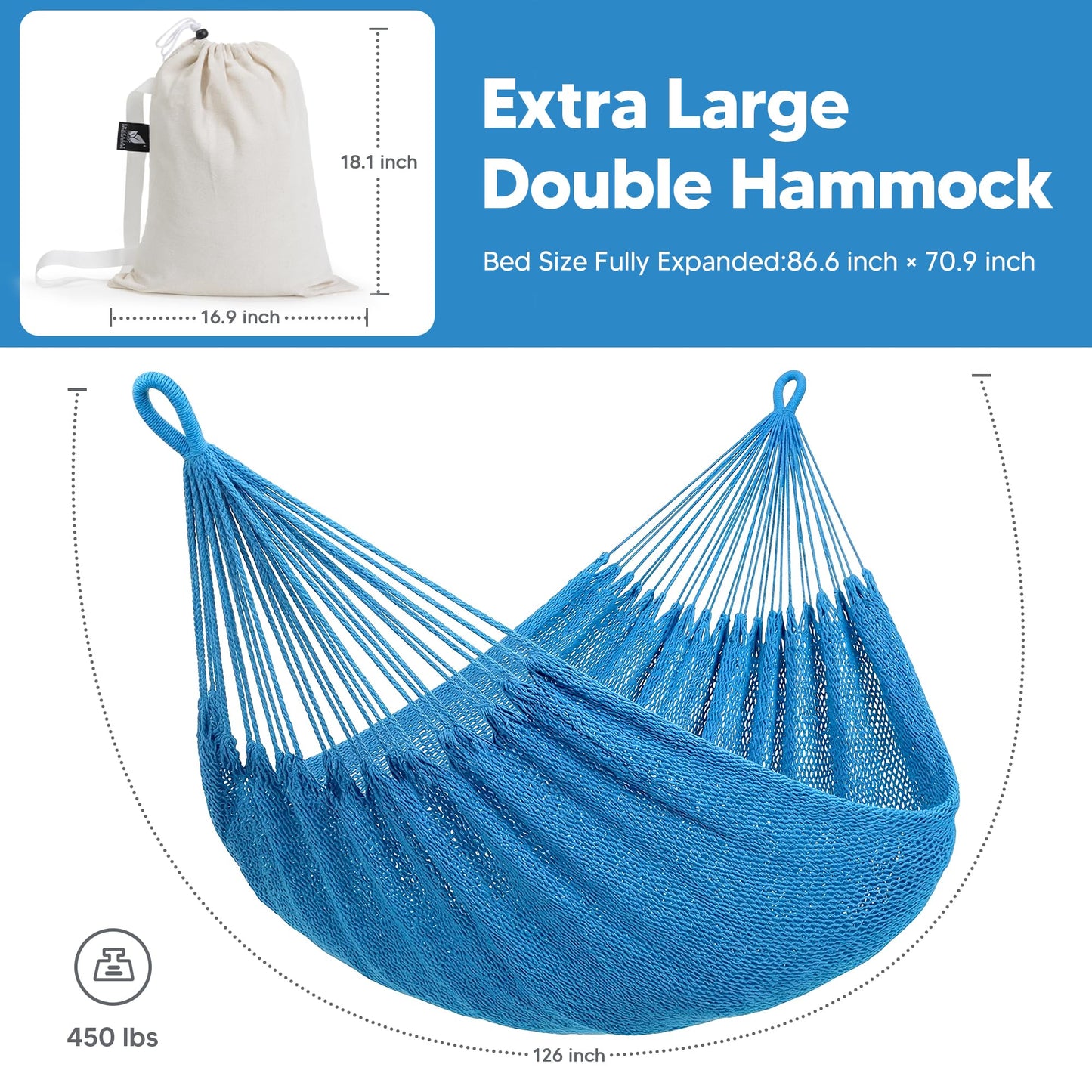 SUNCREAT Hammocks Double Rope Hammock, Outdoor Hanging Tree Hammock, Blue