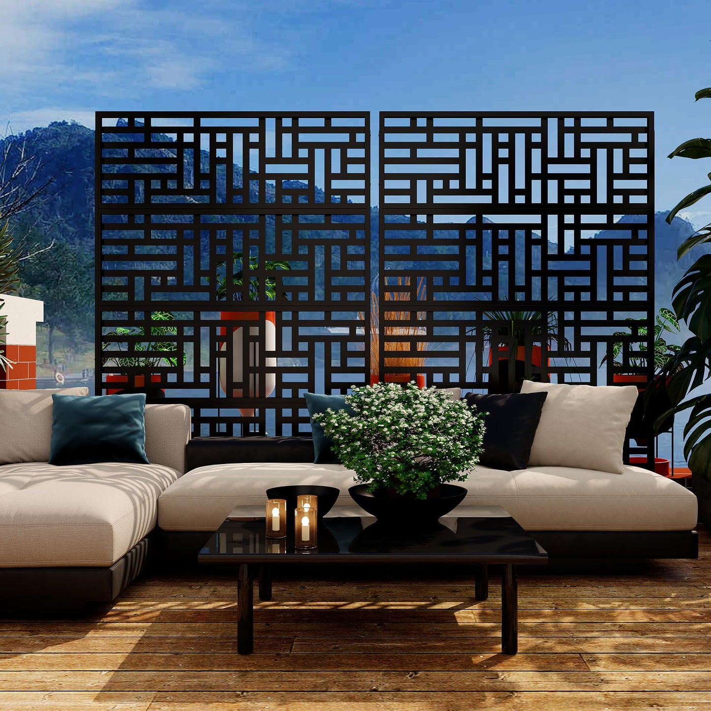 Metal Privacy Screen Outdoor - 71"x46" Freestanding Privacy Panels for Patio, Deck, Lawn & Garden, Weather-Resistant Rustproof Room Divider with Stand