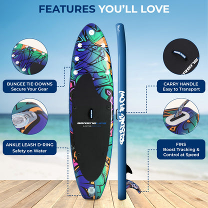 SereneLife 10’6” Inflatable Stand Up Paddle Board with Premium SUP Accessories - 32” Wide Stable Design with Non-Slip EVA Deck Pad, for Youth and Adults, 350 lbs. Capacity