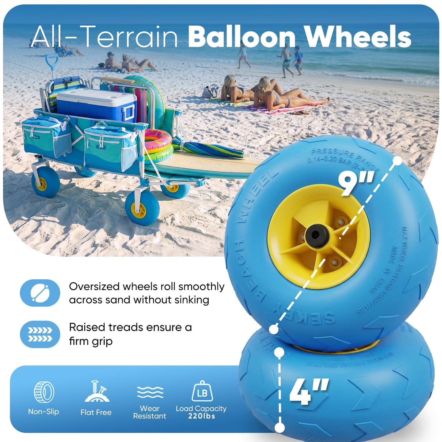 Sekey Heavy Duty Beach Wagon with 9" Big Sand-Proof Wheels, 300L Oversized Foldable Beach Cart with Cooler| Adjustable Handle & Balloon Tires for Sand, Camping,Vacation